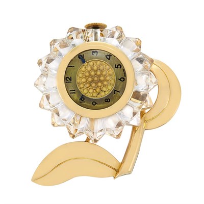 Lot 54 - Gold and Carved Rock Crystal Flower Clip-Watch, Mauboussin, Paris