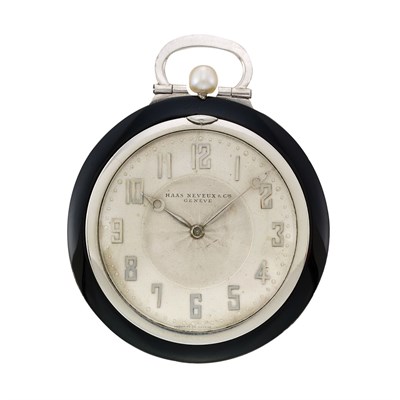 Lot 93 - Art Deco Platinum, Black Onyx, Diamond and Button Pearl Open Face Pocket Watch, S. Hass Neveux & Cie., Geneve, France