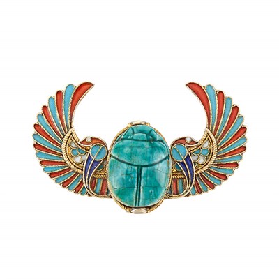 Lot 28 - Egyptian Revival Gold, Carved Faience Scarab and Enamel Pin