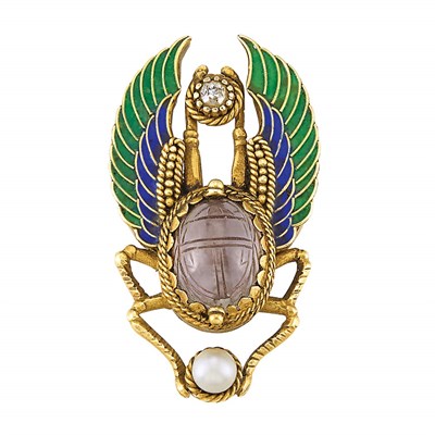 Lot 52 - Egyptian Revival Gold, Amethyst Scarab, Enamel, Pearl and Diamond Pin