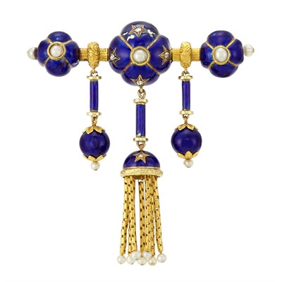Lot 3037 - Antique Gold, Enamel, Split and Seed Pearl Fringe Brooch