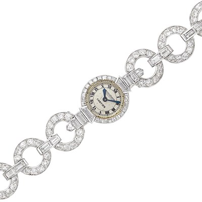 Lot 377 - Lady's Platinum and Diamond Wristwatch, Jaeger LeCoultre, Cartier, France