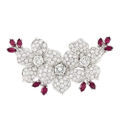 Lot 305 - Platinum, Diamond and Ruby Flower Brooch