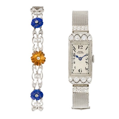 Lot 118 - Lady's Platinum and Diamond Mesh Wristwatch, Patek Philippe, and Platinum, Carved Citrine and Lapis and Diamond Bracelet