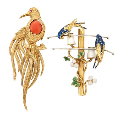 Lot 3099 - Gold, Multicolored Enamel and Seed Pearl Bird Brooch and Gold and Coral Bird Brooch