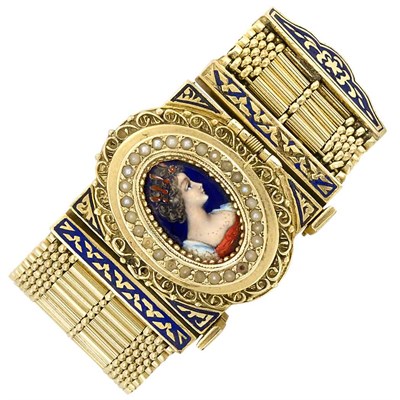 Lot 3039 - Gold, Seed Pearl, Portrait Miniature Fringe Bracelet-Brooch-Watch, Waltham