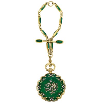 Lot 31 - Lady's Antique Gold, Green Enamel and Diamond Open Face Pocket Watch with Fob Chain, Henry Capt, Geneve