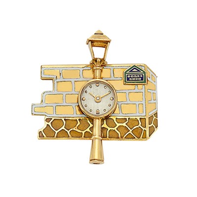 Lot 3208 - Gold and Enamel Parisian Lamp Pole Lapel-Watch, UTI, France