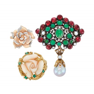 Lot 3178 - Gold, Silver, Emerald, Ruby, Mabe Pearl and Cultured Pearl Brooch and Two Gold, Diamond, Coral and Turquoise Rose Rings