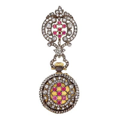 Lot 3046 - Antique Silver-Topped Gold, Ruby and Diamond Lapel Pendant-Watch