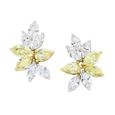 Lot 161 - Pair of Platinum, Gold, Fancy Yellow Diamond and Diamond Cluster Earclips