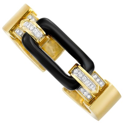 Lot 428 - Gold, Black Onyx and Diamond Bangle Bracelet, Tiffany & Co.