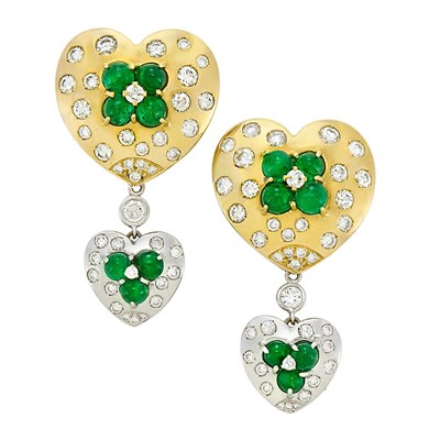 Lot 3107 - Pair of Two-Color Gold, Cabochon Emerald and Diamond Earclips, Bulgari