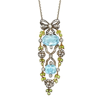 Lot 3066 - Antique Silver-Topped Gold, Aquamarine, Diamond and Demantoid Garnet Leaf and Bow Pendant-Necklace