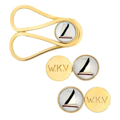 Lot 71 - Pair of Gold and Reverse Crystal Intaglio Cufflinks and Money Clip, Cartier