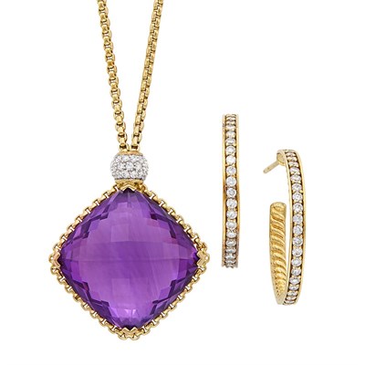 Lot 79 - Gold, Amethyst and Diamond Pendant-Necklace and Pair of Gold and Diamond Hoop Earrings, David Yurman