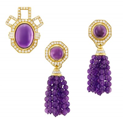 Lot 3191 - Pair of Gold, Cabochon Amethyst, Diamond and Amethyst Bead Fringe Pendant-Earrings and Pendant