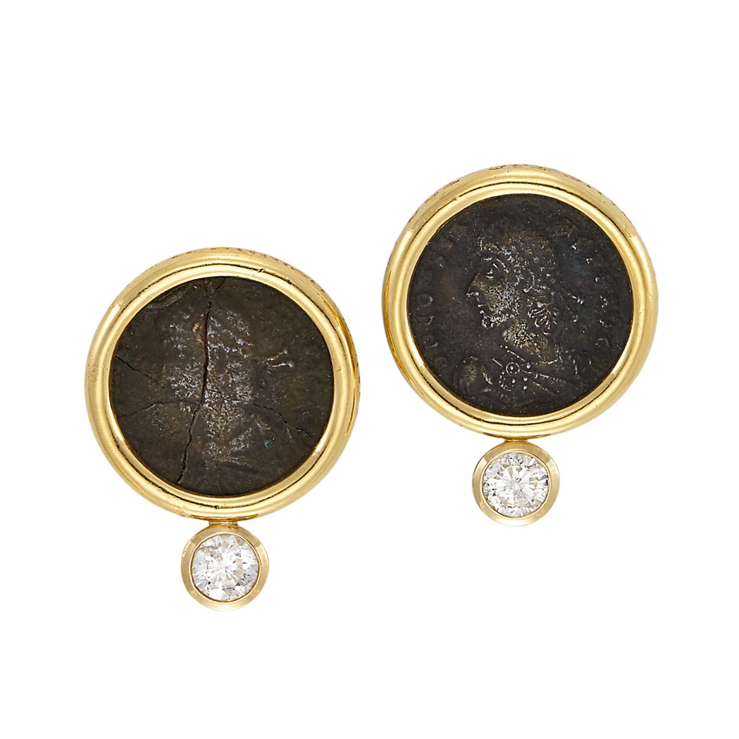 Lot 3351 - Pair of Gold, Diamond and Bronze Coin Earclips