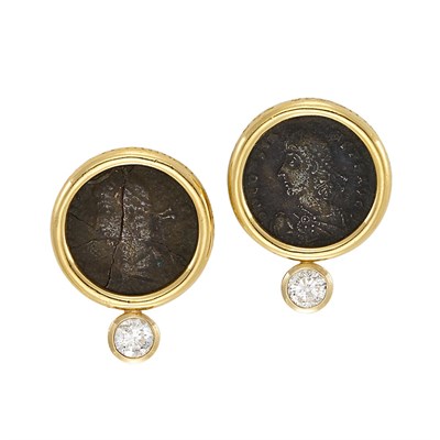 Lot 3351 - Pair of Gold, Diamond and Bronze Coin Earclips