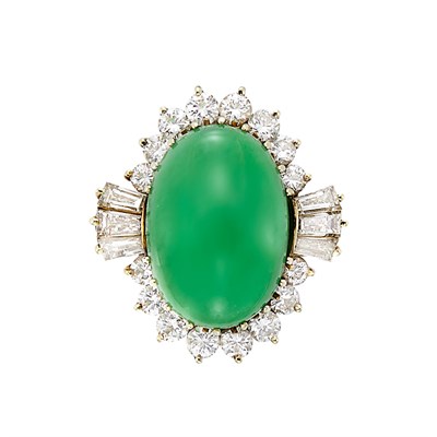 Lot 3383 - Gold, Cabochon Jade and Diamond ring