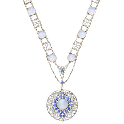Lot 3441 - Platinum, Gold, Moonstone and Sapphire Necklace, Tiffany & Co., by Louis Comfort Tiffany