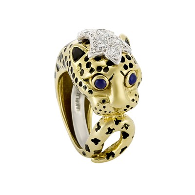 Lot 3419 - Gold, Platinum, Black Enamel and Diamond Leopard Ring, David Webb