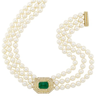 Lot 18 - Triple Strand Cultured Pearl, Gold, Cabochon Emerald and Diamond Necklace, David Webb