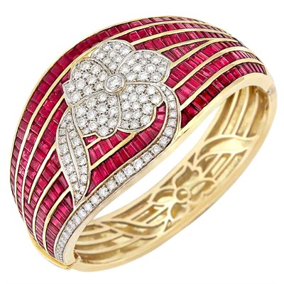 Lot 336 - Two-Color Gold, Ruby and Diamond Cuff Bangle Bracelet, Adler