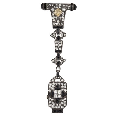 Lot 106 - Silver, Diamond, Colored Diamond and Black Onyx Lapel-Watch