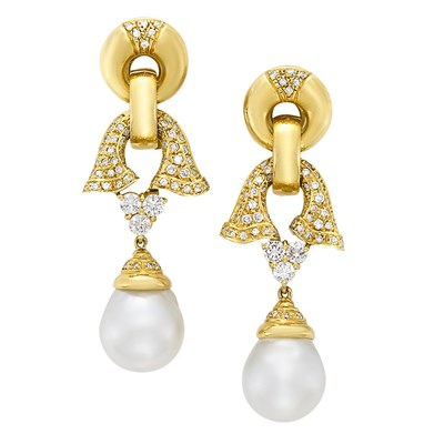 Lot 3360 - Pair of Gold, Cultured Pearl and Diamond Pendant-Earrings