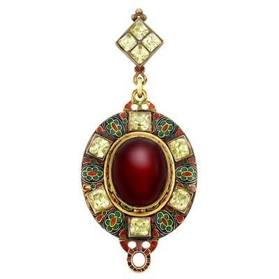 Lot 40 - Holbeinesque Gold, Cabochon Garnet, Yellow Chrysoberyl and Enamel Pendant