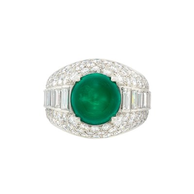 Lot 493 - Platinum, Cabochon Emerald and Diamond 'Trombino' Ring, Bulgari