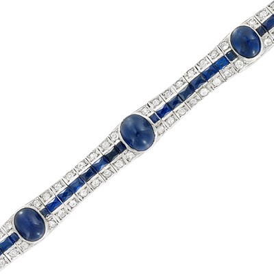 Lot 140 - Platinum, Cabochon Sapphire, Synthetic Sapphire and Diamond Bracelet