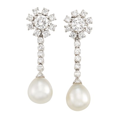 Lot 473 - Pair of Platinum, Diamond and Natural Pearl Pendant-Earrings