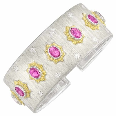 Lot 224 - Two-Color Gold and Pink Sapphire Cuff Bangle Bracelet, Mario Buccellati