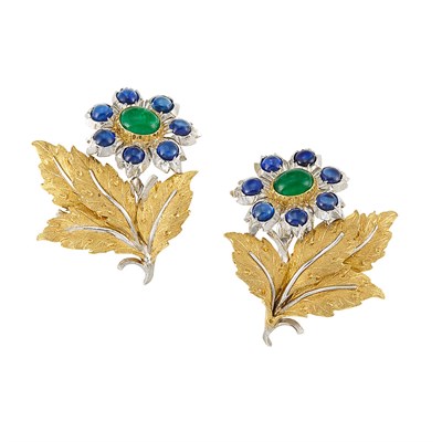 Lot 270 - Pair of Two-Color Gold, Cabochon Emerald and Sapphire Flower Earclips, Buccellati