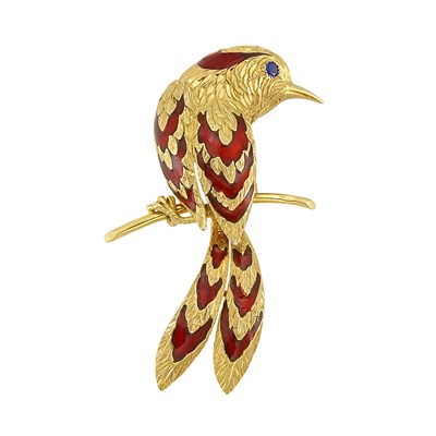 Lot 204 - Gold, Red Enamel and Sapphire Bird Clip, Cartier, Paris