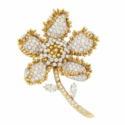 Lot 403 - Gold, Platinum and Diamond Flower Clip-Brooch