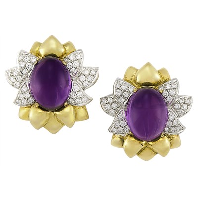Lot 12 - Pair of Two-Color Gold, Cabochon Amethyst and Diamond Flower Earclips