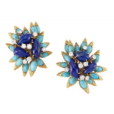 Lot 400 - Pair of Gold, Diamond, Lapis and Turquoise Flower Earclips