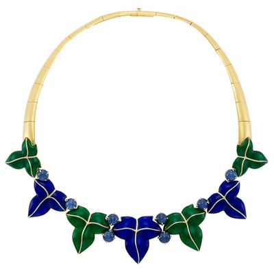 Lot 414 - Gold, Enamel and Cabochon Sapphire Leaf Necklace