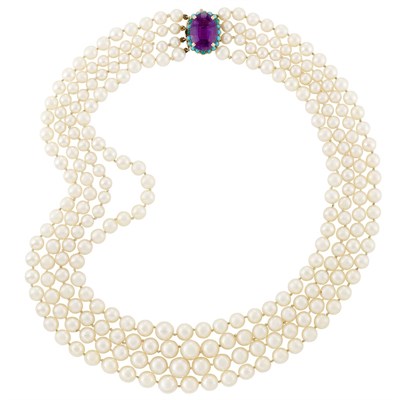 Lot 3189 - Four Strand Cultured Pearl Necklace with Gold, Amethyst and Turquoise Clasp, Boucheron, Paris