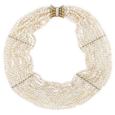 Lot 3170 - Multistrand Freshwater Pearl Necklace with Gold and Diamond Clasp