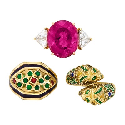 Lot 3101 - Three Gold, Enamel, Gem-Set and Simulated Diamond Rings