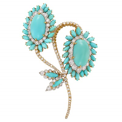 Lot 3408 - Gold, Turquoise and Diamond Flower Brooch, David Webb