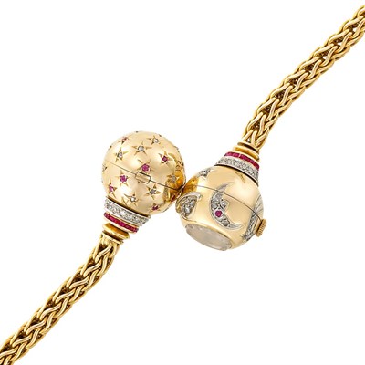 Lot 3211 - Gold, Ruby and Diamond Bracelet-Watch, France
