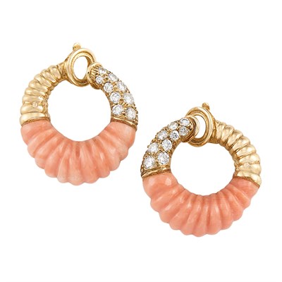 Lot 24 - Pair of Gold, Carved Coral and Diamond Hoop Earclips, Van Cleef & Arpels, France