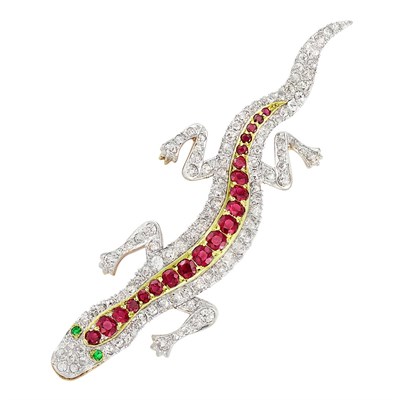 Lot 109 - Platinum, Gold, Diamond, Ruby and Green Garnet Lizard Brooch