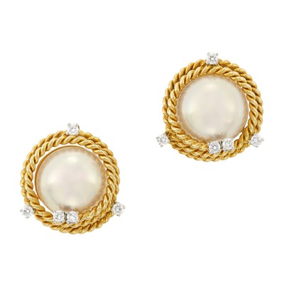 Lot 17 - Pair of Gold, Platinum, Mabe Pearl and Diamond Earrings, Tiffany & Co., Schlumberger