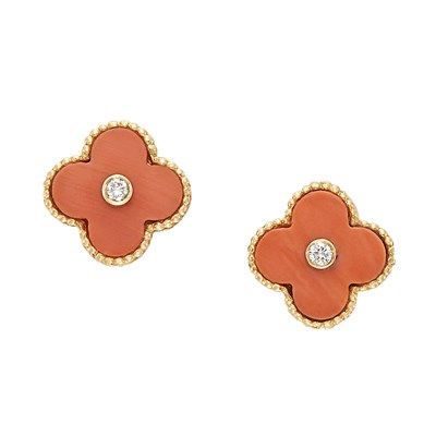 Lot 3168 - Gold, Coral and Diamond 'Alhambra' Earclips, Van Cleef & Arpels